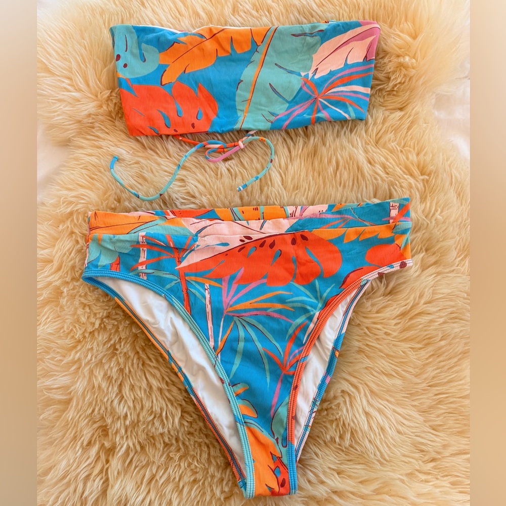 L*Space Blue and Orange Bikini Set with Tropical Print